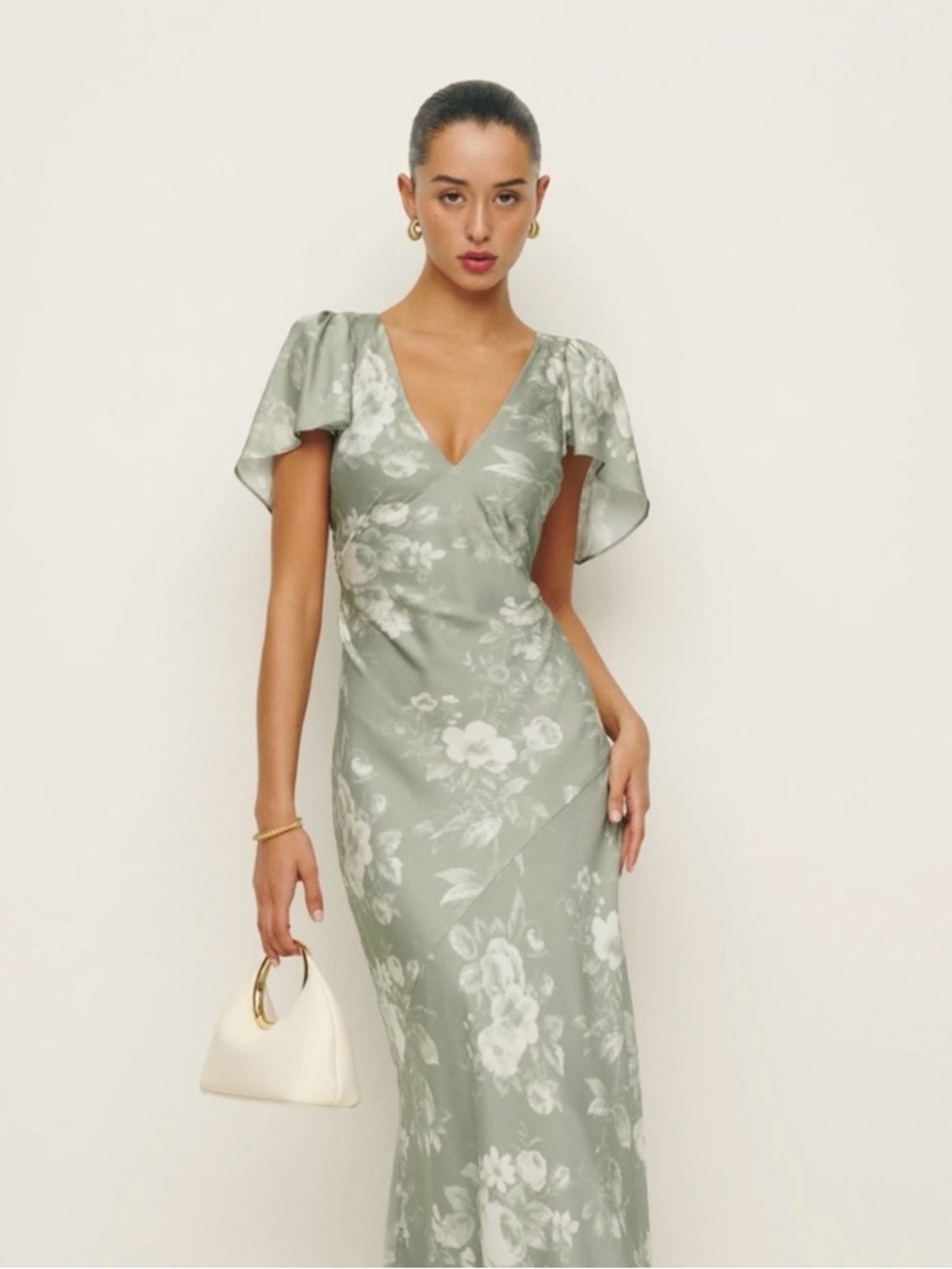 Reformation Sage Green Floral V-Neck Maxi Dress